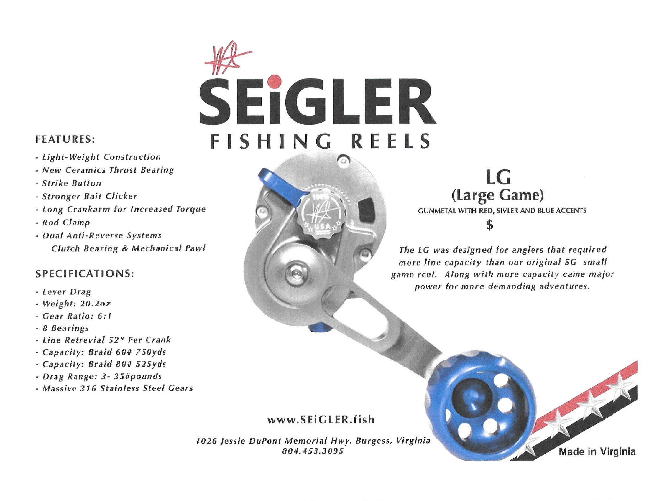 Seigler Large Game Lever Drag Reel- Smoke/Blue — LODESTAR